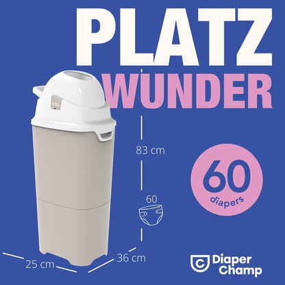 DIAPER CHAMP One Maxi Nappy Bin – Odour-Proof – Without Refill Cassettes – Works with Normal Conventional Bags, Bin Liners – for Approx. 60 Nappies – Beige, White