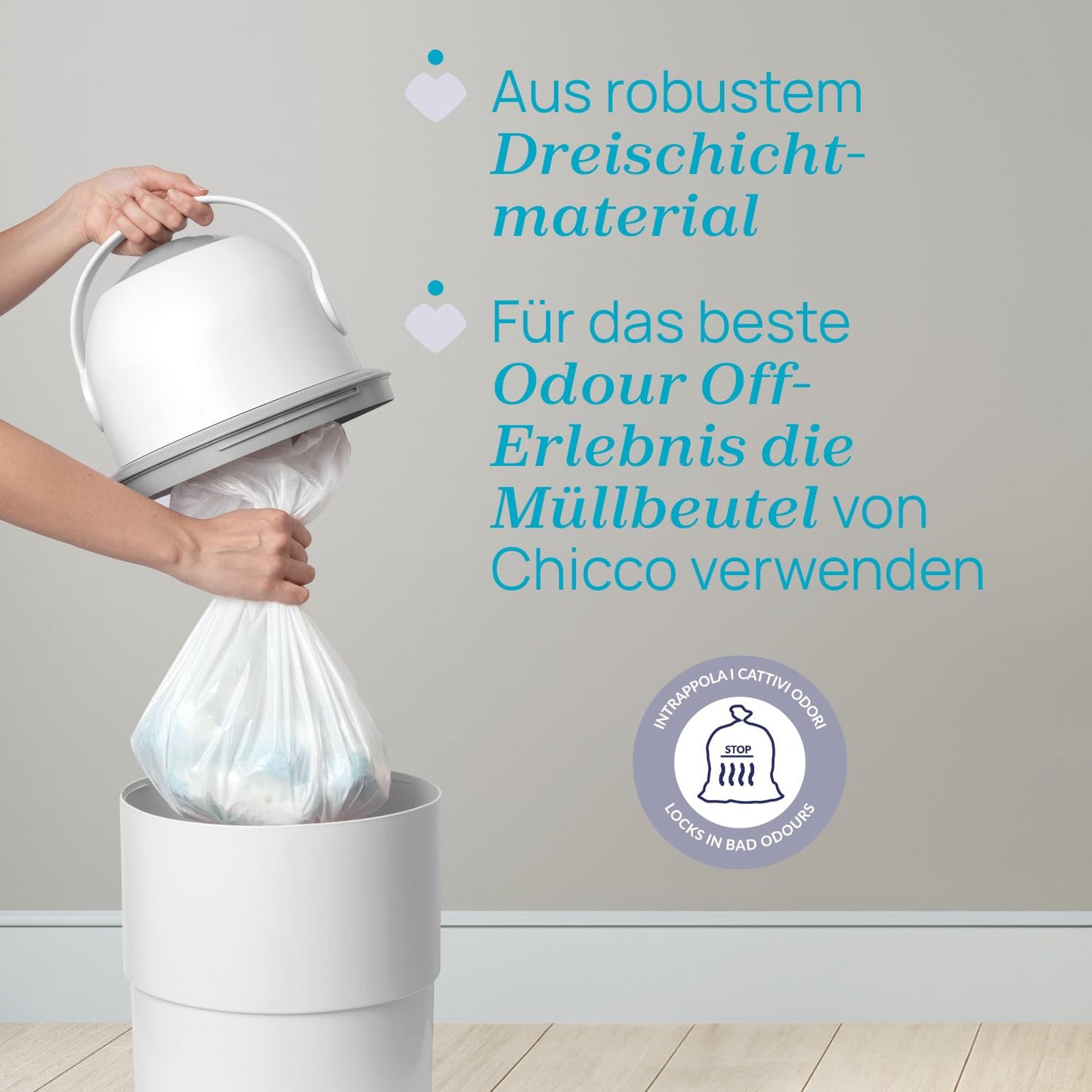 Chicco Windeleimer Odour Off, geruchsdichtes System, platzsparender Baby Windeleimer mit Deckel, einfach zu benutzen und zu reinigen, Ohne Nachfüllkassetten, funktioniert mit herkömmlichen Tüten