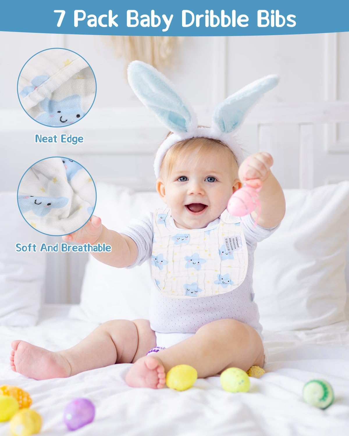 Toaren Baby Bibs, 7-Pack Cotton Baby Bibs, Unisex Baby Bibs with Snap Fastener, Large Bibs with Absorbent and Soft, Drool Bibs for Baby Boys and Girls for Toddlers 0 to 36 Months 