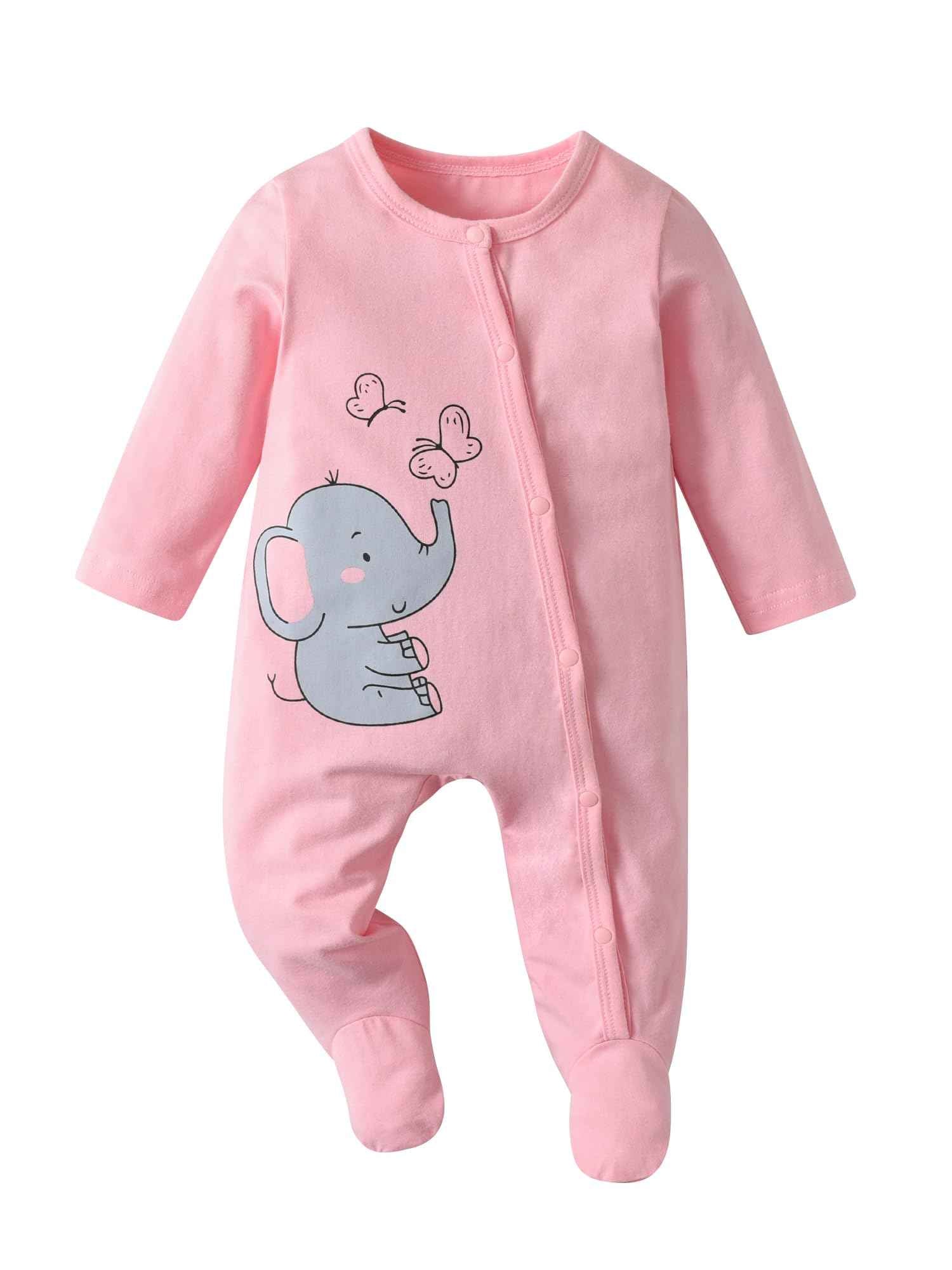 Tearfuty Newborn Girls Elephant Print Long Sleeve Onesie Romper 2 Pack