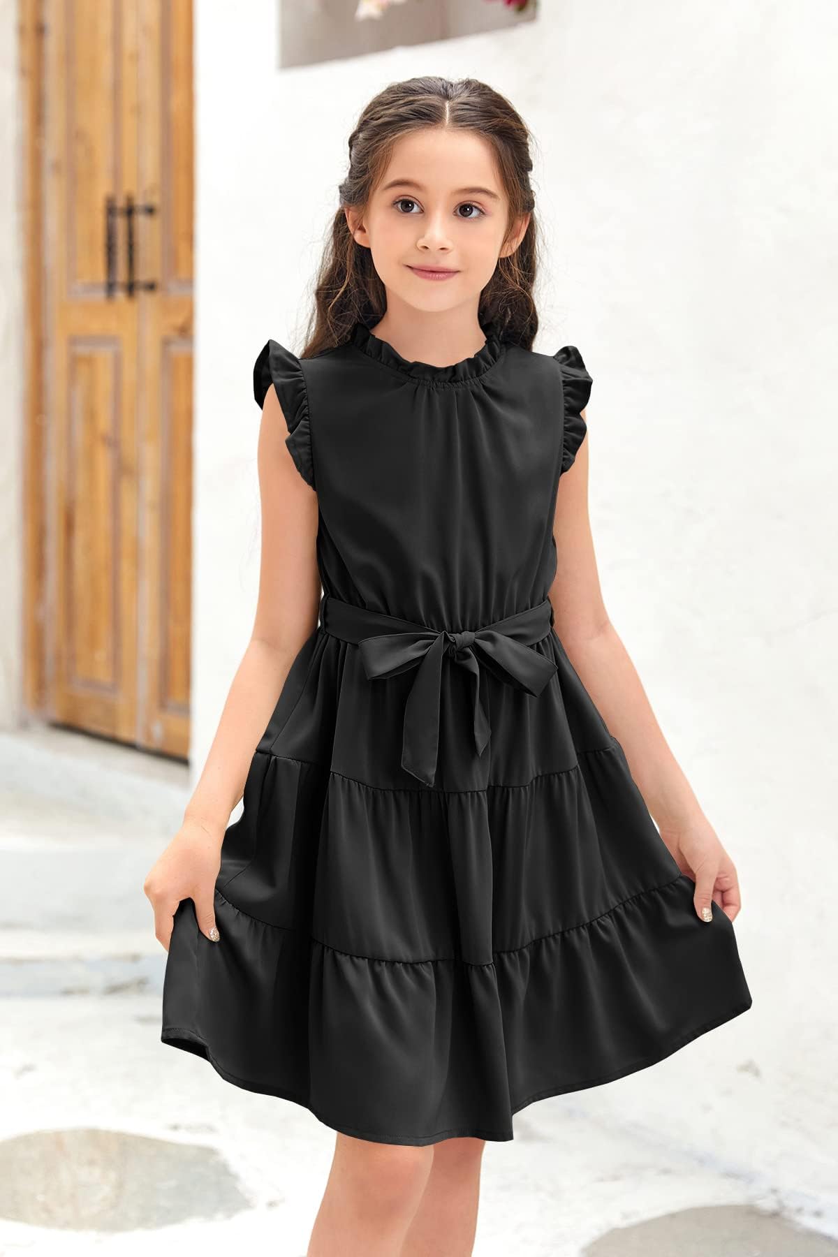 Haloumoning Mädchen Kleider Casual Rüschen Ärmel Midi Kleid Kinder Plissee Party Kleid mit Gürtel 4-15 Jahre