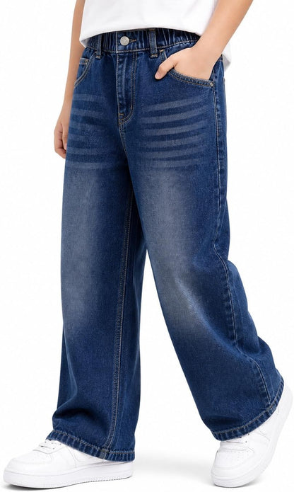 Baggy Jeans Jungen Weites Bein Gummibund Denim Jeanshosen Gr.120-170 | Baumwolle Lässige kinder Jeans Jungen Elastischer Freizeithose für 5-14 Jahren