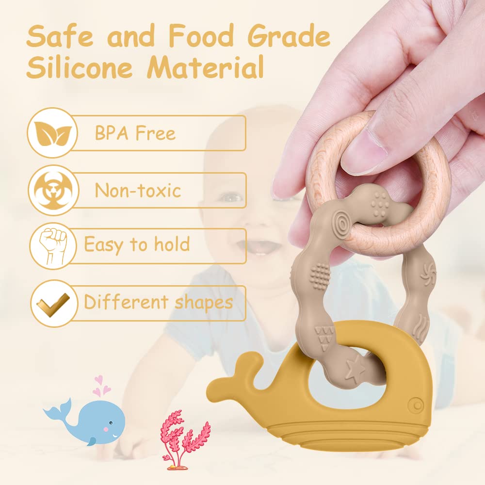 Vicloon Beißring für Babys, Beißring Spielzeug aus Silikon und Holzringe, Baby Zahnungshilfe BPA-frei, Schmerzlindernde Zahnen Nursing Zubehör für ab 3 Monaten Babys(Wal Blau)