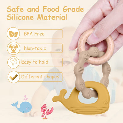 Vicloon Beißring für Babys, Beißring Spielzeug aus Silikon und Holzringe, Baby Zahnungshilfe BPA-frei, Schmerzlindernde Zahnen Nursing Zubehör für ab 3 Monaten Babys(Wal Blau)
