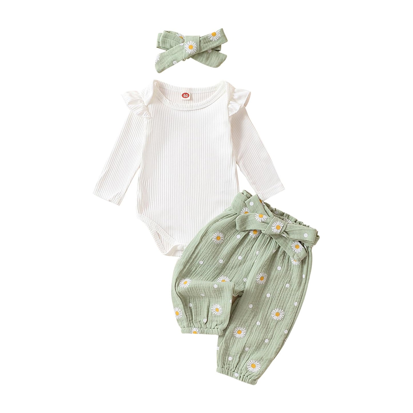 Geagodelia Baby Mädchen Kleidung Babykleidung Outfit Set Langarm Body Strampler + Gänseblümchen Hose + Stirnband Neugeborene Weiche Babyset