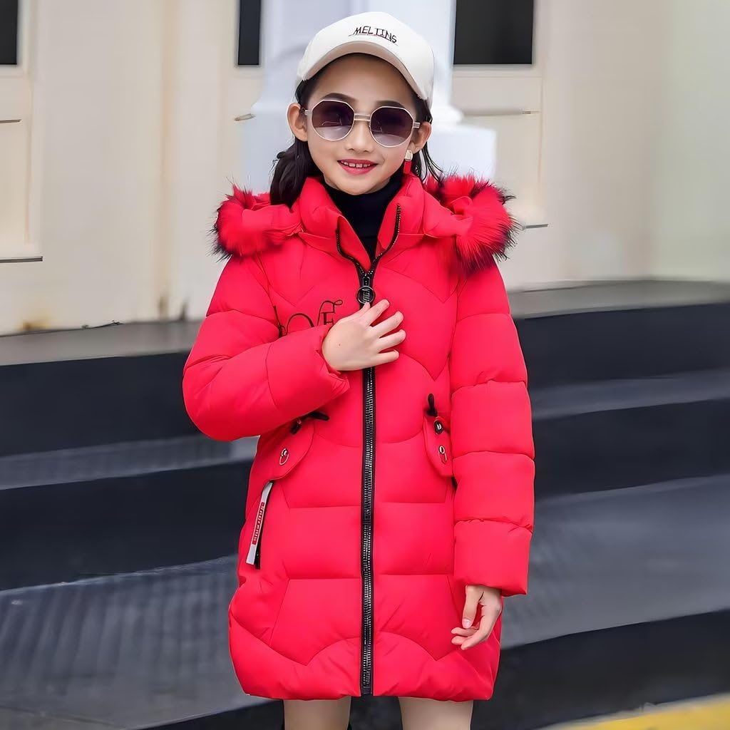Girls' Winter Jacket Children's Winter Coat Thick Quilted Jacket Long Warm Parka Cotton Jacket Outdoor Coat with Fur Hood and Love Embroidery Print