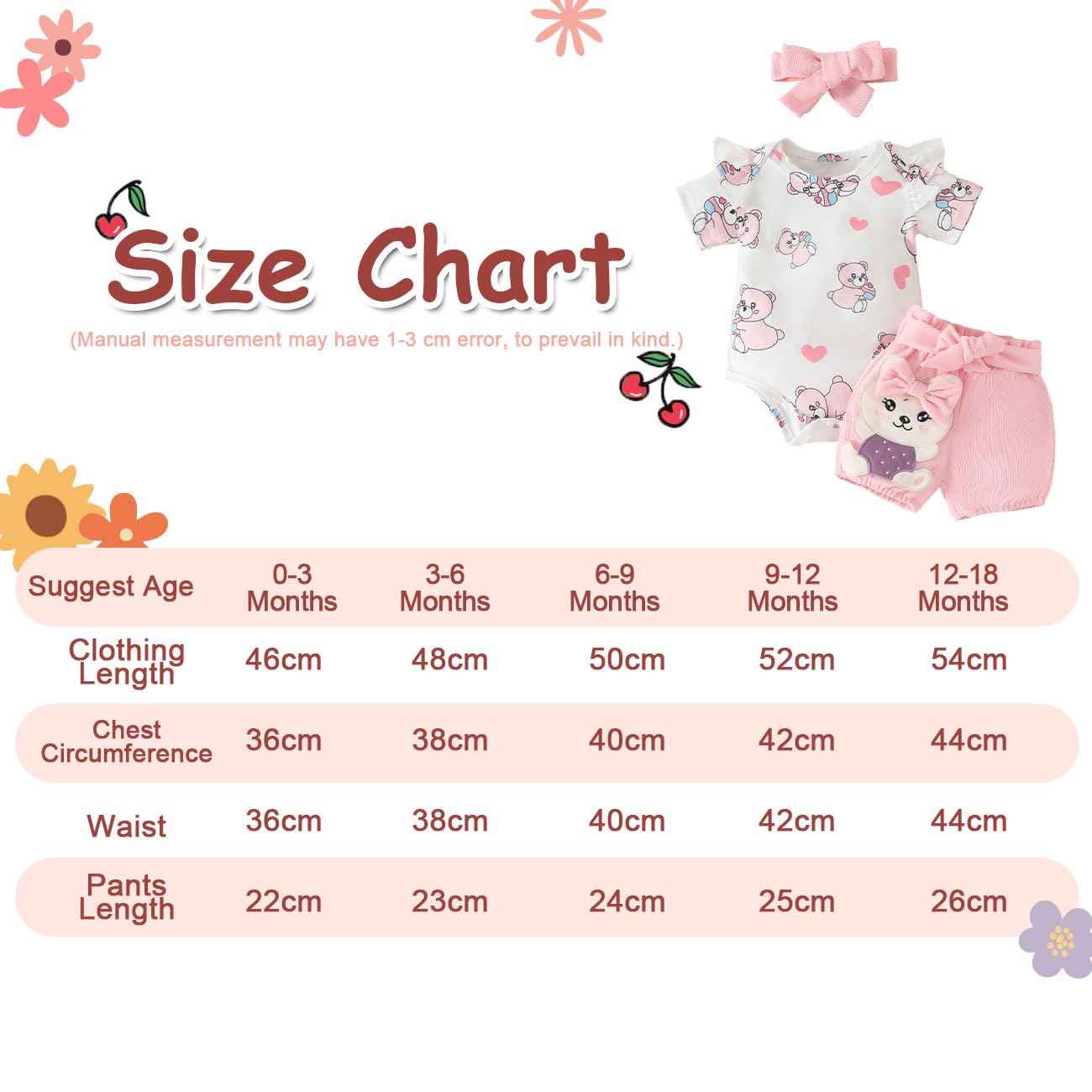Baby Mädchen Kleidung Sets, Kurze Ärmel Snap Knopf Schritt Rundhalsausschnitt Karikatur Bär Love Herz Dehnen Shorts Schleifenknoten Stirnband Sommerkleidungs-Sets Klamotten, Rosa 0-18 Monate