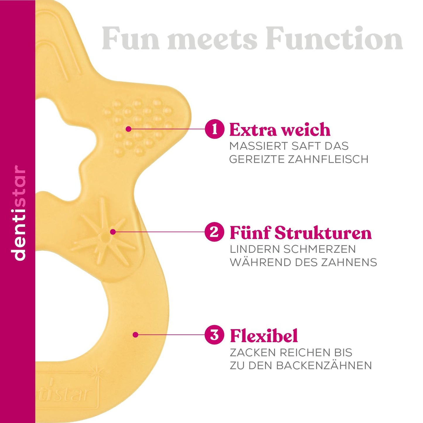 Dentistar Beißring 2er-Set – Teether für Babys & Kleinkinder ab 3 Monate – Baby Beißring mit Griff aus weichem Material zur Zahnungshilfe & Massage – Made in Germany – Pink & Lila
