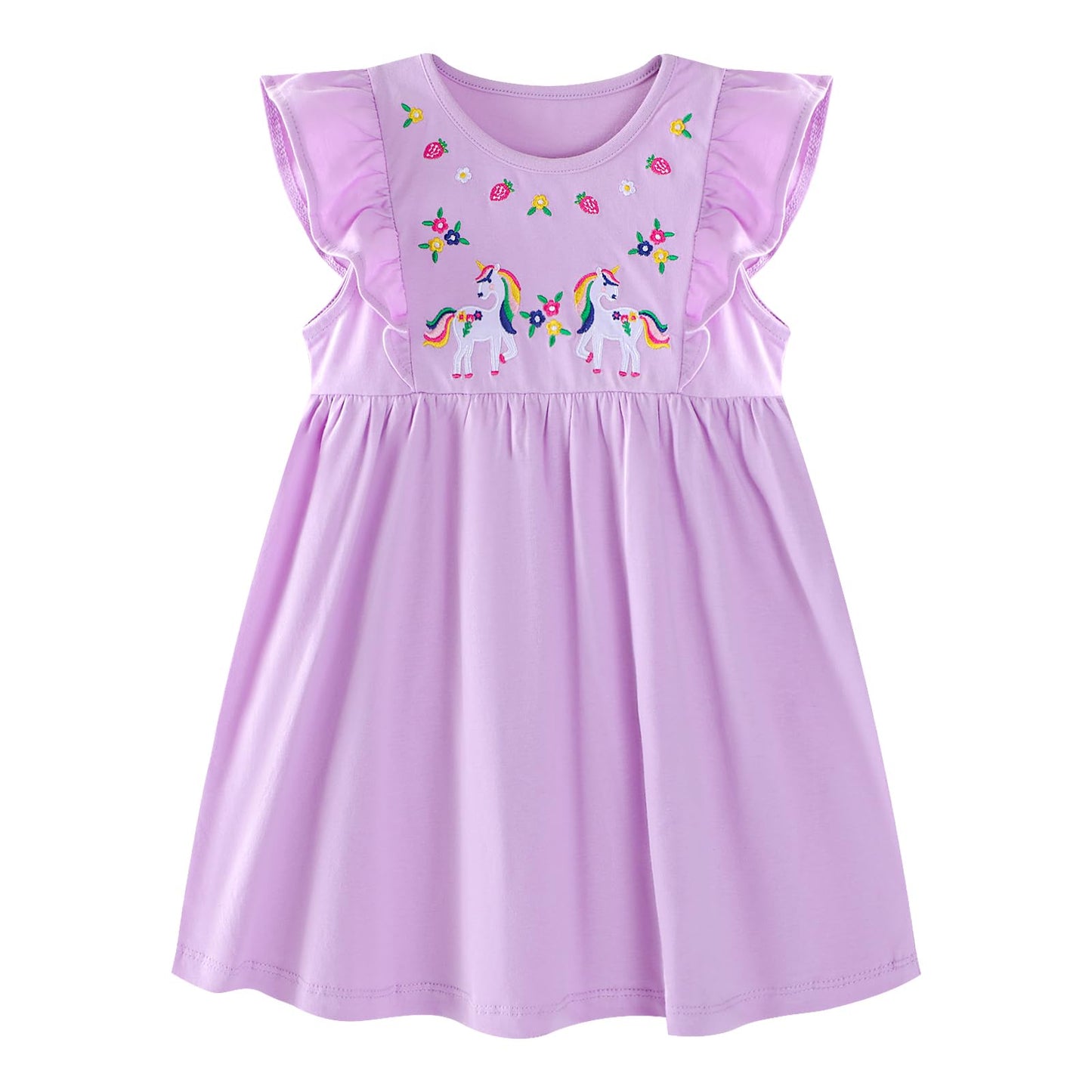 JinBei Mädchen Kleid Baumwolle Rundhals Rüschen Ärmellos Lässige Einhorn Cartoon-Applikationen Blau/Weiße Gestreift Kleidung Kinder Sommer Party Festliches Prinzessin A-Linie Kleider Gr. 98-128
