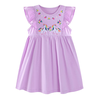 JinBei Mädchen Kleid Baumwolle Rundhals Rüschen Ärmellos Lässige Einhorn Cartoon-Applikationen Blau/Weiße Gestreift Kleidung Kinder Sommer Party Festliches Prinzessin A-Linie Kleider Gr. 98-128