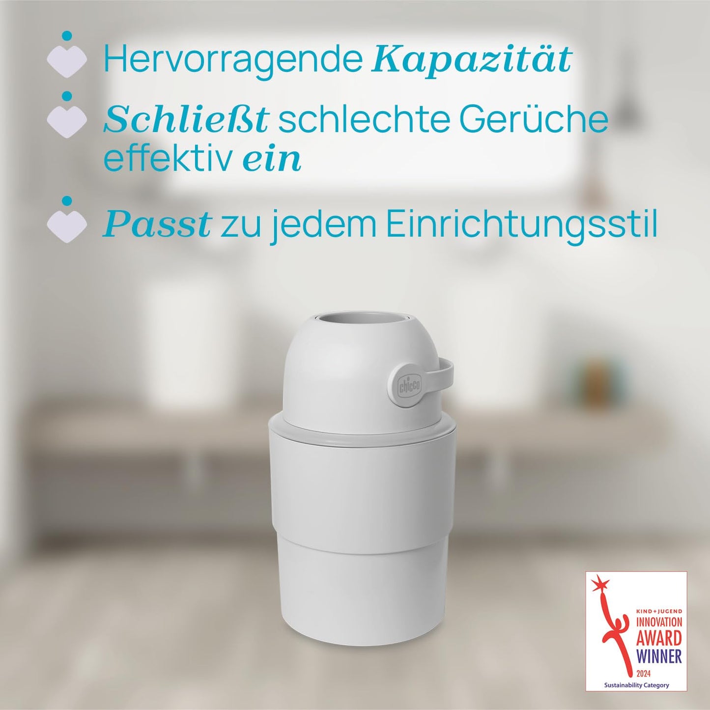 Chicco Windeleimer Odour Off, geruchsdichtes System, platzsparender Baby Windeleimer mit Deckel, einfach zu benutzen und zu reinigen, Ohne Nachfüllkassetten, funktioniert mit herkömmlichen Tüten