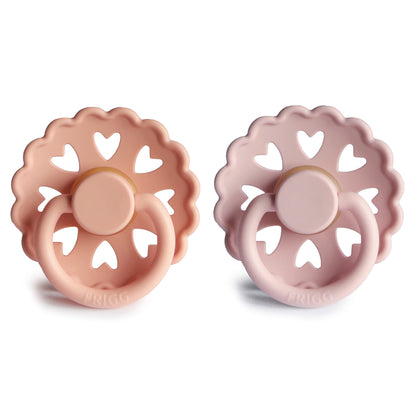 FRIGG Fairytale Schnuller 2 Packung | Latex Schnuller | BPA-Frei | Hergestellt in Dänemark | Symmetrischer Sauger in Kirschform (Twilight Mauve/Primrose, Größe 1 (0-6 Monate))