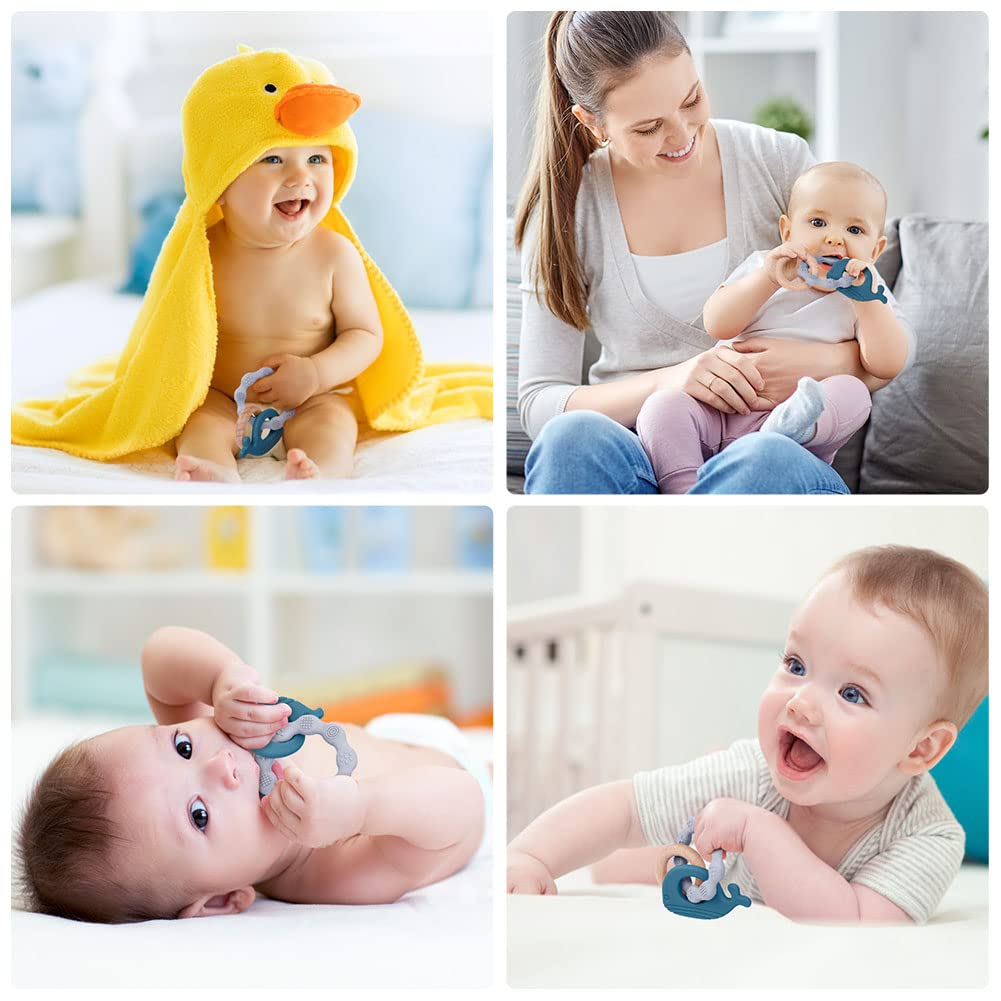 Vicloon Beißring für Babys, Beißring Spielzeug aus Silikon und Holzringe, Baby Zahnungshilfe BPA-frei, Schmerzlindernde Zahnen Nursing Zubehör für ab 3 Monaten Babys(Wal Blau)