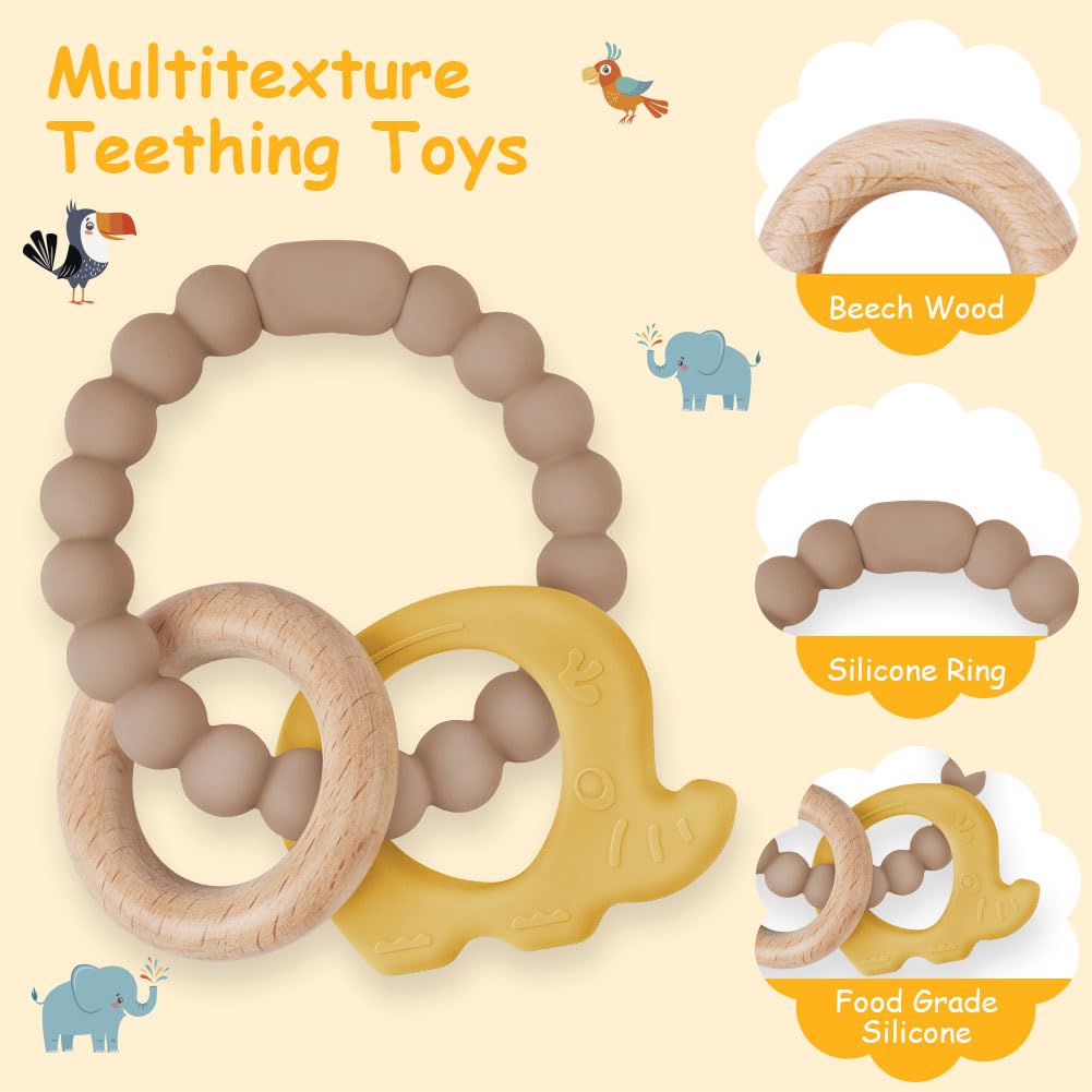 Vicloon Beißring für Babys, Beißring Spielzeug aus Silikon und Holzringe, Baby Zahnungshilfe BPA-frei, Schmerzlindernde Zahnen Nursing Zubehör für ab 3 Monaten Babys(Wal Blau)
