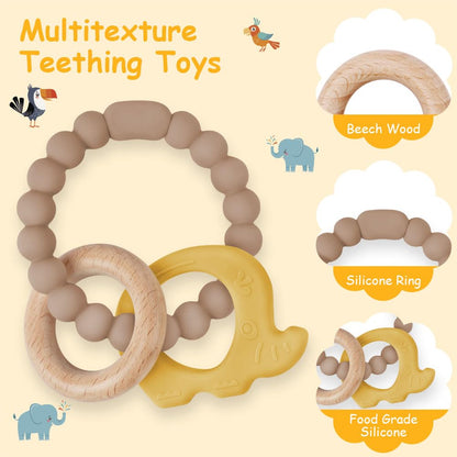 Vicloon Beißring für Babys, Beißring Spielzeug aus Silikon und Holzringe, Baby Zahnungshilfe BPA-frei, Schmerzlindernde Zahnen Nursing Zubehör für ab 3 Monaten Babys(Wal Blau)