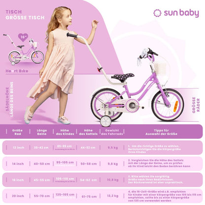 sun baby Mädchenfahrrad 12, 14 und 16 Zoll Radgröße Heart Bike zur Auswahl, mit Abnehmbarer Schubstange, Kinderfahrrad für Mädchen von 2 bis 6 Jahre