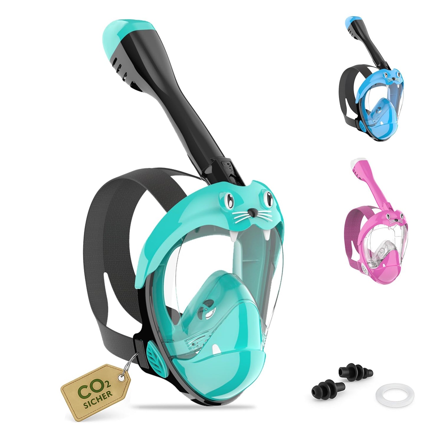 Schnorchelmaske Kinder Vollmaske – CO₂ sichere Tauchmaske ab 6 Jahren mit Anti-Beschlag, Anti-Leck, 180° Sichtfeld – Schnorchel Vollgesichtsmaske inkl. Silikon & Tragetasche
