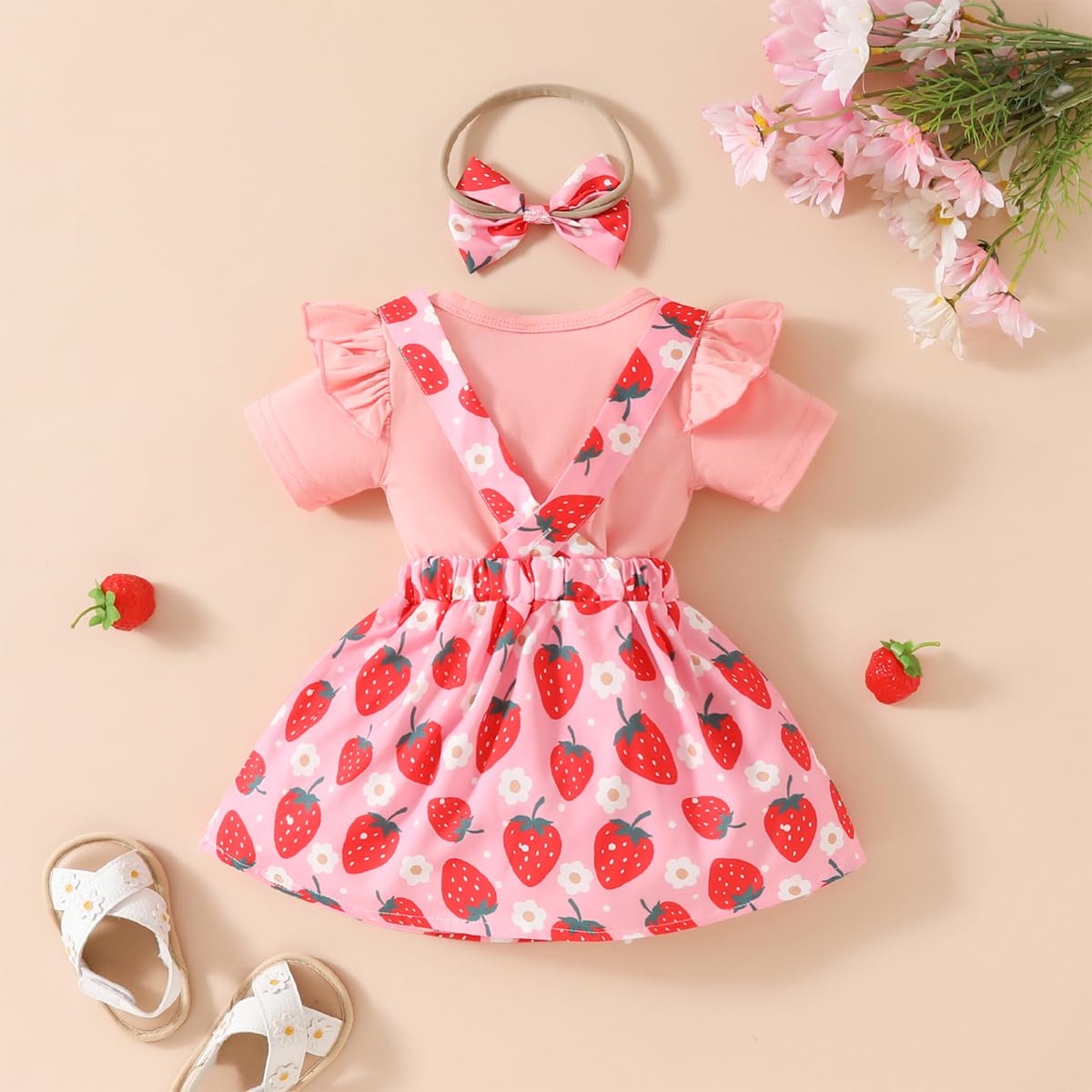 Neugeborenes Baby Mädchen Röcke Sets Kurzarm Rüschen Top + Bedrucktes Overalls Hosenträger Kleid + Stirnband Sommer Kleidung Outfits Set