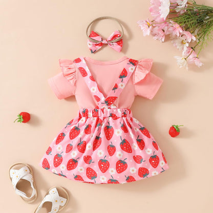 Neugeborenes Baby Mädchen Röcke Sets Kurzarm Rüschen Top + Bedrucktes Overalls Hosenträger Kleid + Stirnband Sommer Kleidung Outfits Set