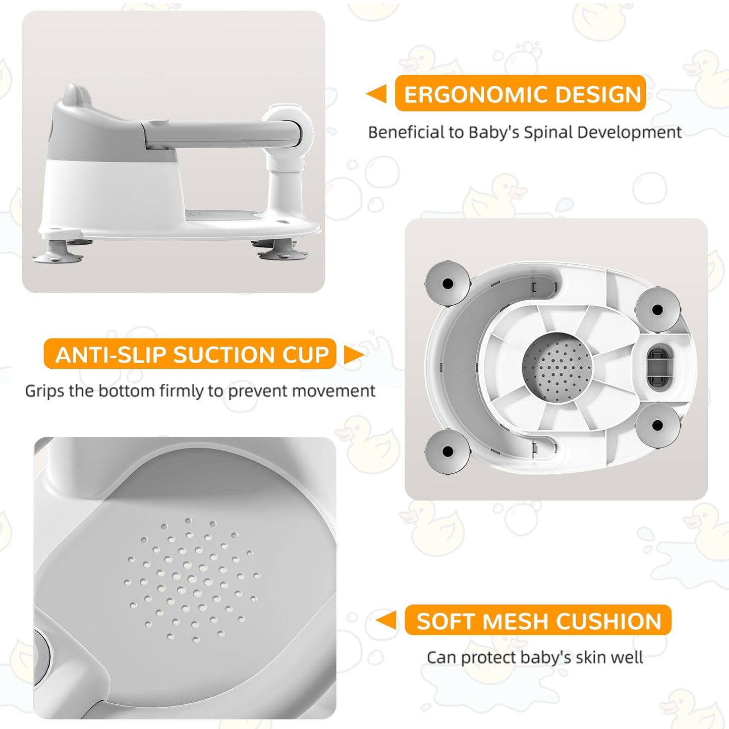 Baby Bath Seat from 6 Months, Bear Non-Slip Bath Seat Baby with 4 Suction Cups and Cushions for Toddlers and Newborns, Safe Portable Bath Chair for Shower or Bathtub, Pink