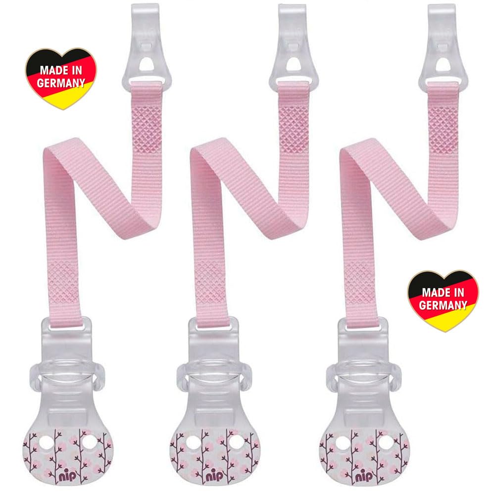 3er Pack NIP Schnullerband mit Haken 3 Stk. Schnullerkette für Schnuller mit Ring, pastel rose, metallfrei, BPA frei