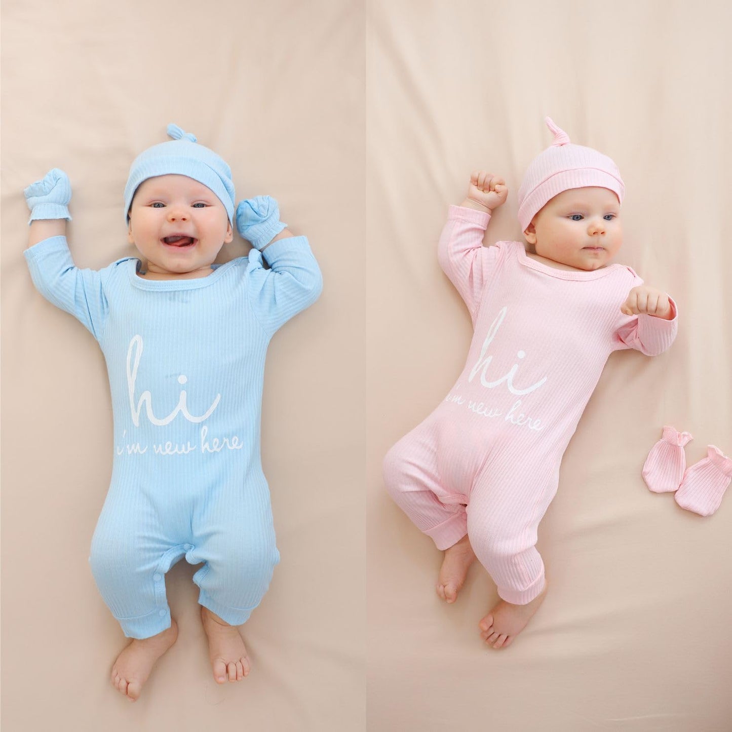 KIDDLETOWN Baby-Pyjama, Neugeborenen-Strampler, 3er-Pack, Schlafanzug mit Hut und Handschuhen, Baby-Pyjama aus Baumwolle, Langarm-Pyjama, Strampler, 0-3 Monate, Kleidung für Mädchen und Jungen