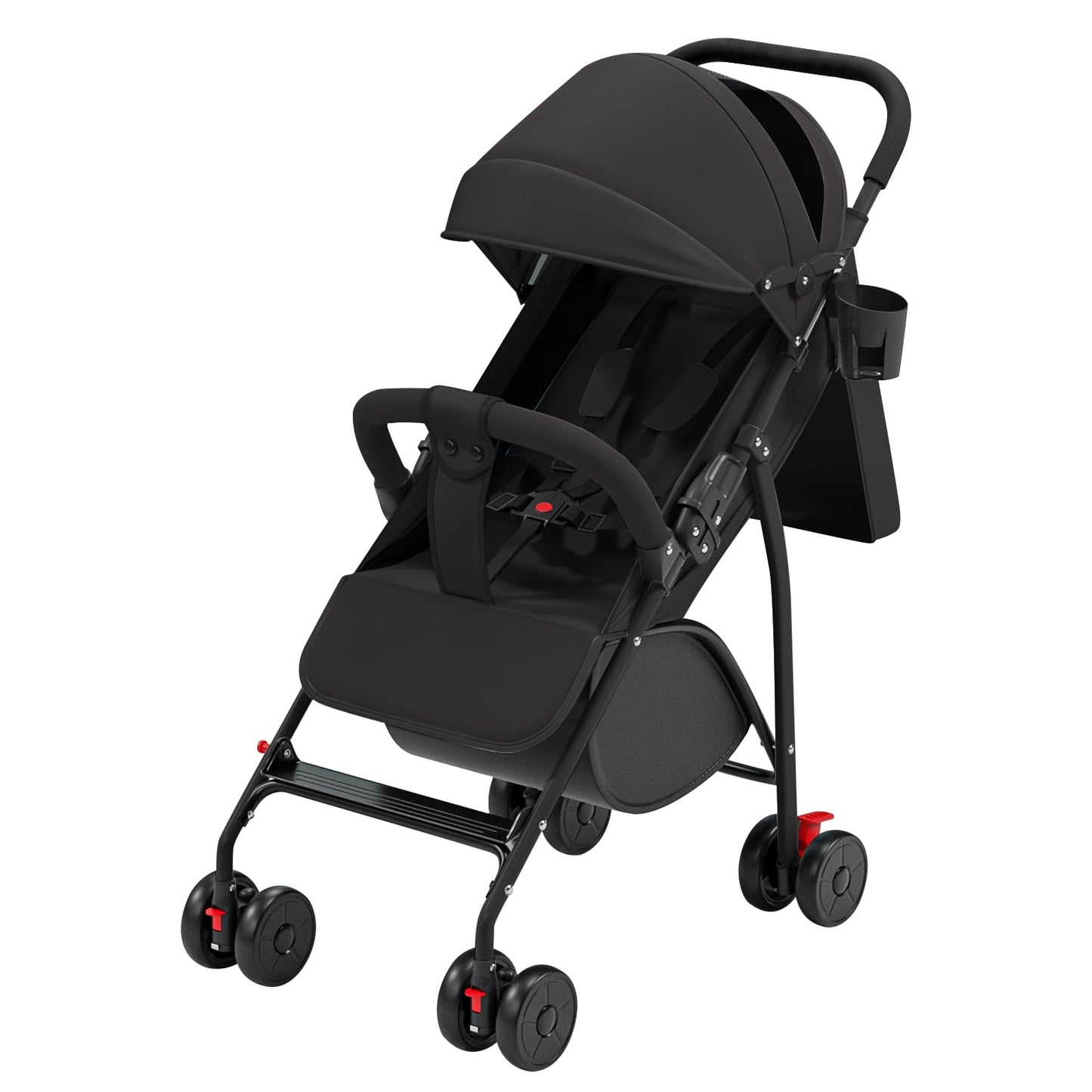 Buggy für Babys, ultraleicht, kompakt, faltbar und neigbar, von Geburt bis 25 kg, mit Trolley-System, Regenschutz inklusive, ausziehbarer Haube, C-schwarz