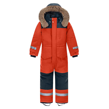 L SERVER Children's Ski Suit Boys with Hood Windproof Waterproof Snow Overall Girls Warm Snowsuit Thicker Ski Overall with Reflective Stripes