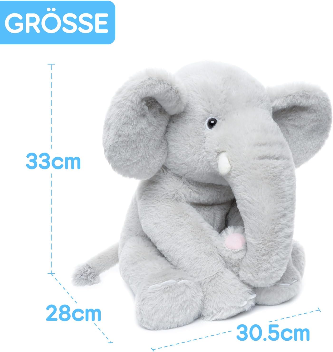 Plüsch Elefant 33 cm – Weiches rosa Kuscheltier mit großen Ohren & Langer Nase – Niedliches Stofftier für Kinder & Deko | Für Jungen, Mädchen, Kinder, Babyparty, Schlafzimmer, Weihnachten, Geburtstagsgeschenke