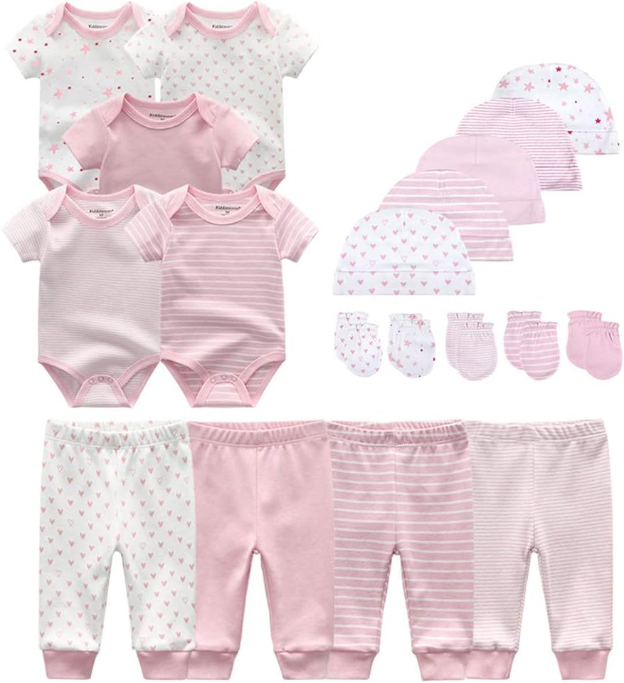 Kiddiezoom Baby-Body, Hose, Kleinkinder-Einteiler, Bekleidungs-Sets für Jungen und Mädchen aus Baumwolle, Mützen, Kratzfäustlinge