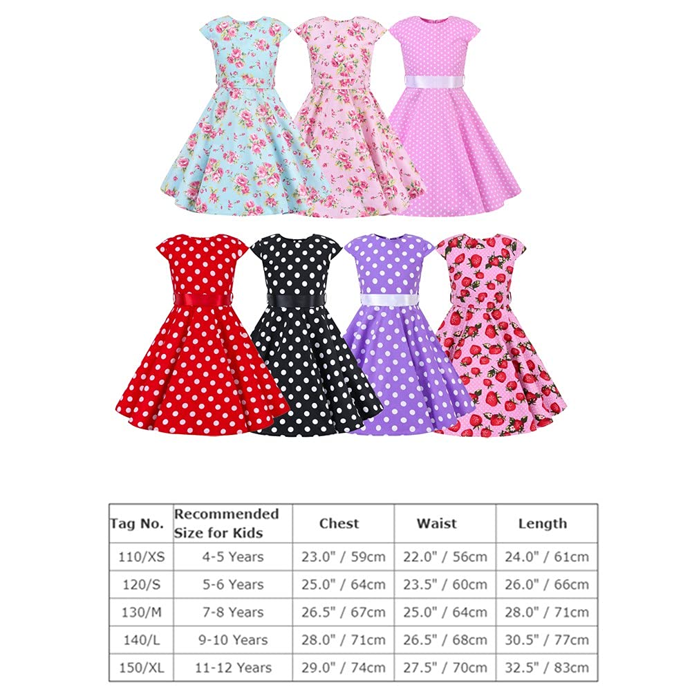 FYMNSI Girls Vintage 1950s Rockabilly Dress Party Dresses Retro Polka Dot Floral Pattern A-Line Party Dresses Pleated Skirt Knee Length for 4-12 Years 