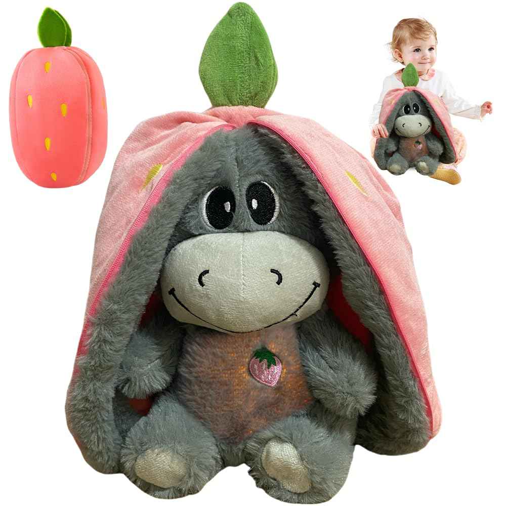 Atmendes Kuscheltier Esel, 32cm Herzschlag Plüsch Esel mit Atmung, Musik und Lichtern, Weiches Erdbeer Avocado Plüschtier Puppe, Kuscheltier Atmet Esels zum Linderung Angstzuständen (Rosa)
