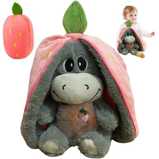Atmendes Kuscheltier Esel, 32cm Herzschlag Plüsch Esel mit Atmung, Musik und Lichtern, Weiches Erdbeer Avocado Plüschtier Puppe, Kuscheltier Atmet Esels zum Linderung Angstzuständen (Rosa)