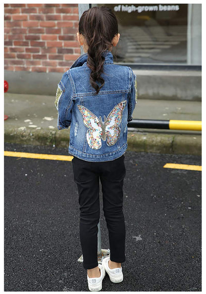 Peacolate 3-11 Years Girls Denim Jacket Butterfly Sequins 