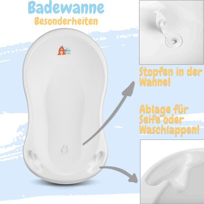 Baby Badewanne mit Gestell 4 Set TÜV Rheinland zertifiziert! Babybadewannen + Baby Badewannensitz +Abfluss + Gestell - Babywanne mit Ständer! Baby Pflegeset für Neugeborene.