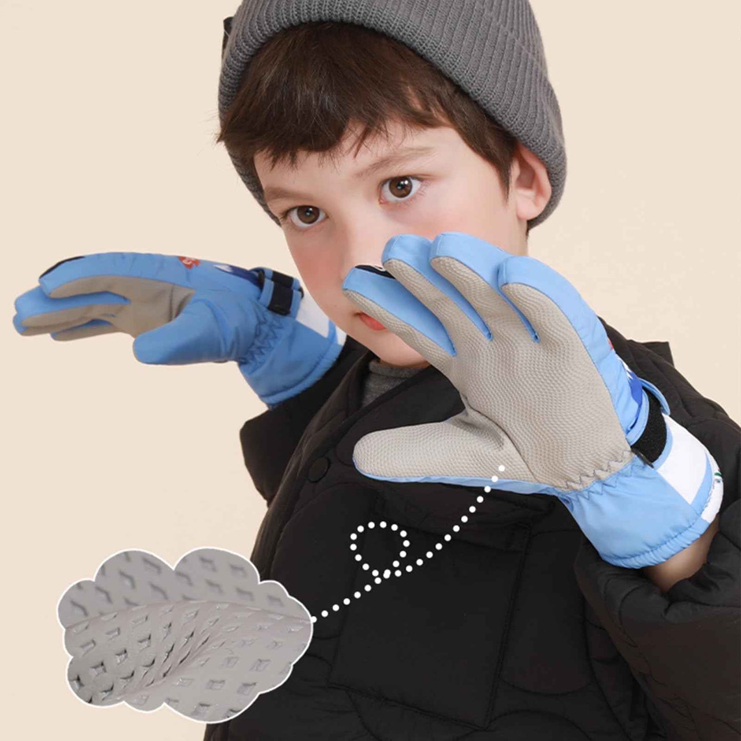 KAKU NANU Children's Winter Gloves 2-10 Years Ski Gloves Waterproof Warm Fleece Cartoon Children's Gloves Mittens with Cord Outdoor Snowboard Gloves Children Boys Girls Blue Red Pink Purple
