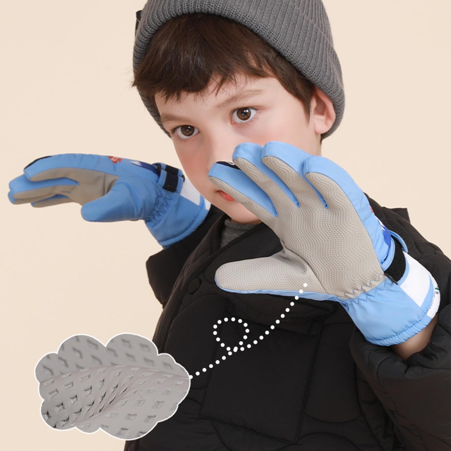 KAKU NANU Children's Winter Gloves 2-10 Years Ski Gloves Waterproof Warm Fleece Cartoon Children's Gloves Mittens with Cord Outdoor Snowboard Gloves Children Boys Girls Blue Red Pink Purple