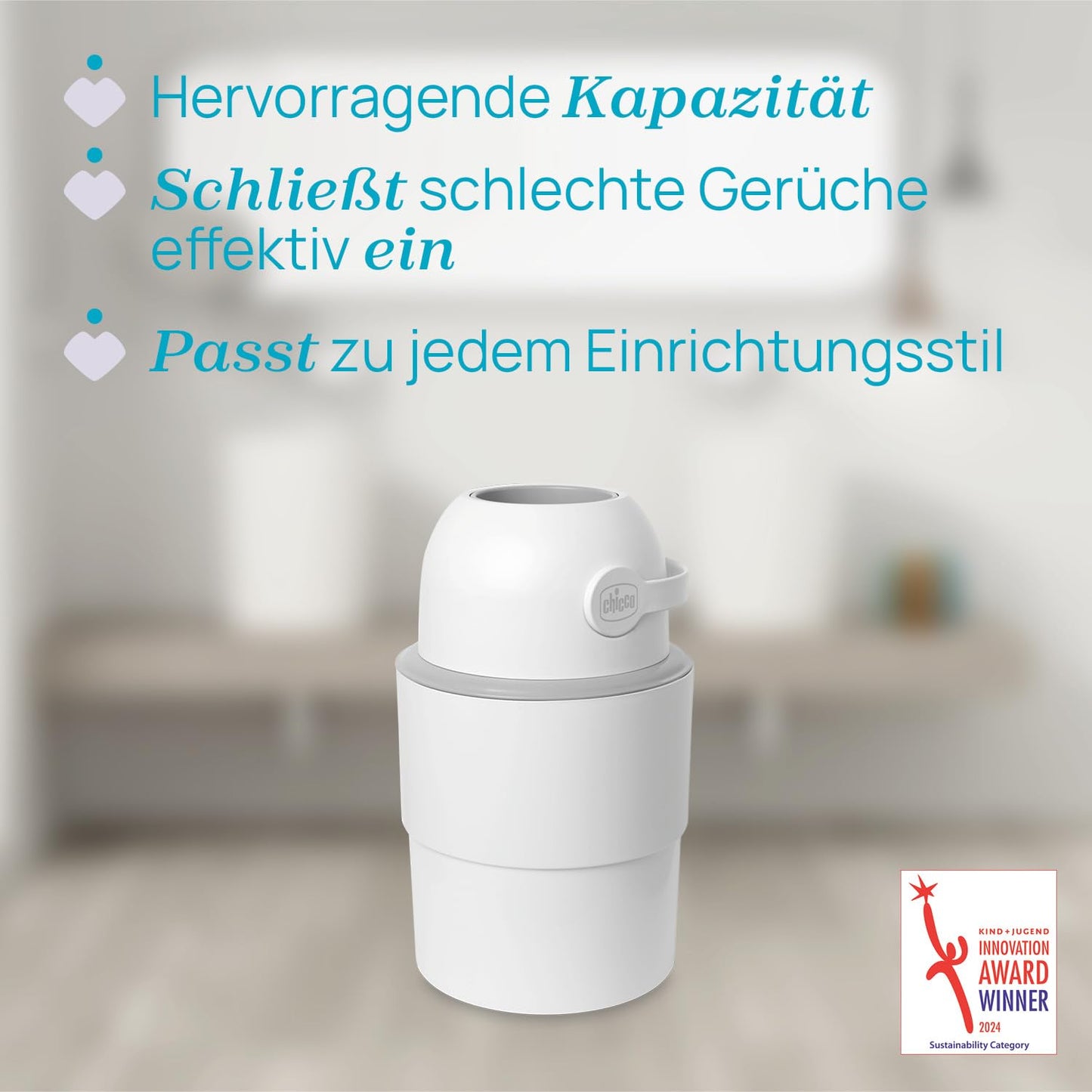 Chicco Windeleimer Odour Off, geruchsdichtes System, platzsparender Baby Windeleimer mit Deckel, einfach zu benutzen und zu reinigen, Ohne Nachfüllkassetten, funktioniert mit herkömmlichen Tüten