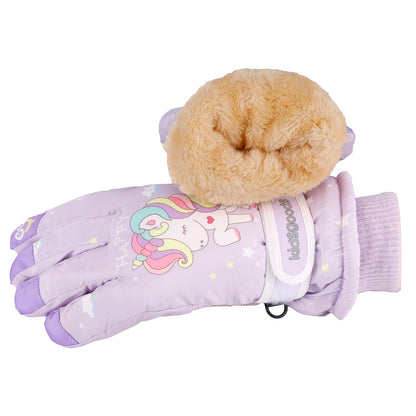 KAKU NANU Children's Winter Gloves 2-10 Years Ski Gloves Waterproof Warm Fleece Cartoon Children's Gloves Mittens with Cord Outdoor Snowboard Gloves Children Boys Girls Blue Red Pink Purple