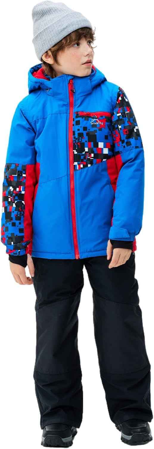 SMONTY Children's Snowsuit for Boys, Winter Ski Jacket and Trousers Set with Hood Strap, Windproof, Waterproof, Warm Coat