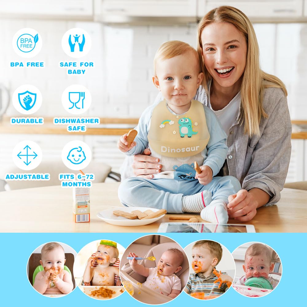Vicloon Silikon Baby Lätzchen, 2 Stück Baby Lätzchen mit Auffangschale, BPA Frei, Einfache Reinigung, Wasserdicht Silikon-lätzchen für Jungen Mädchen, Kaninchen-Einhorn（Rosa）