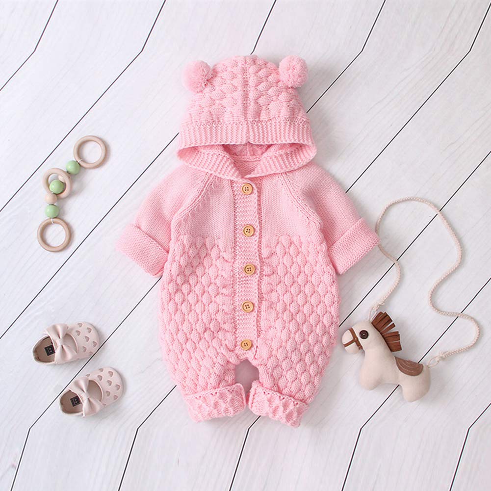 OBEEII Newborn Baby Knitted Romper Jumpsuit with Hood Ear Onesies Pullover Winter Warmer Onesie Bodysuit for Boys Girls
