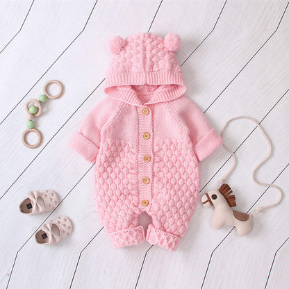 OBEEII Newborn Baby Knitted Romper Jumpsuit with Hood Ear Onesies Pullover Winter Warmer Onesie Bodysuit for Boys Girls