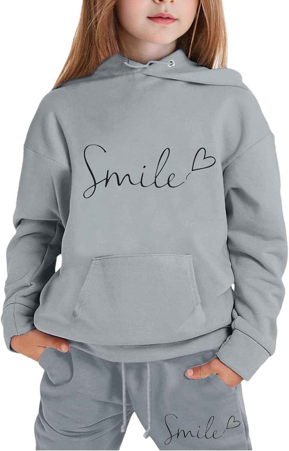 Mädchen 2-teiliges Outfit Herbst Hoodie Lächeln Sweatsuit Sets Kinder 2025 mit Kapuze Ausgehen Sweatanzüge Sweatshirt mit Taschen Grafik Langarm Brief Kordelzug Sweatsuits Sets