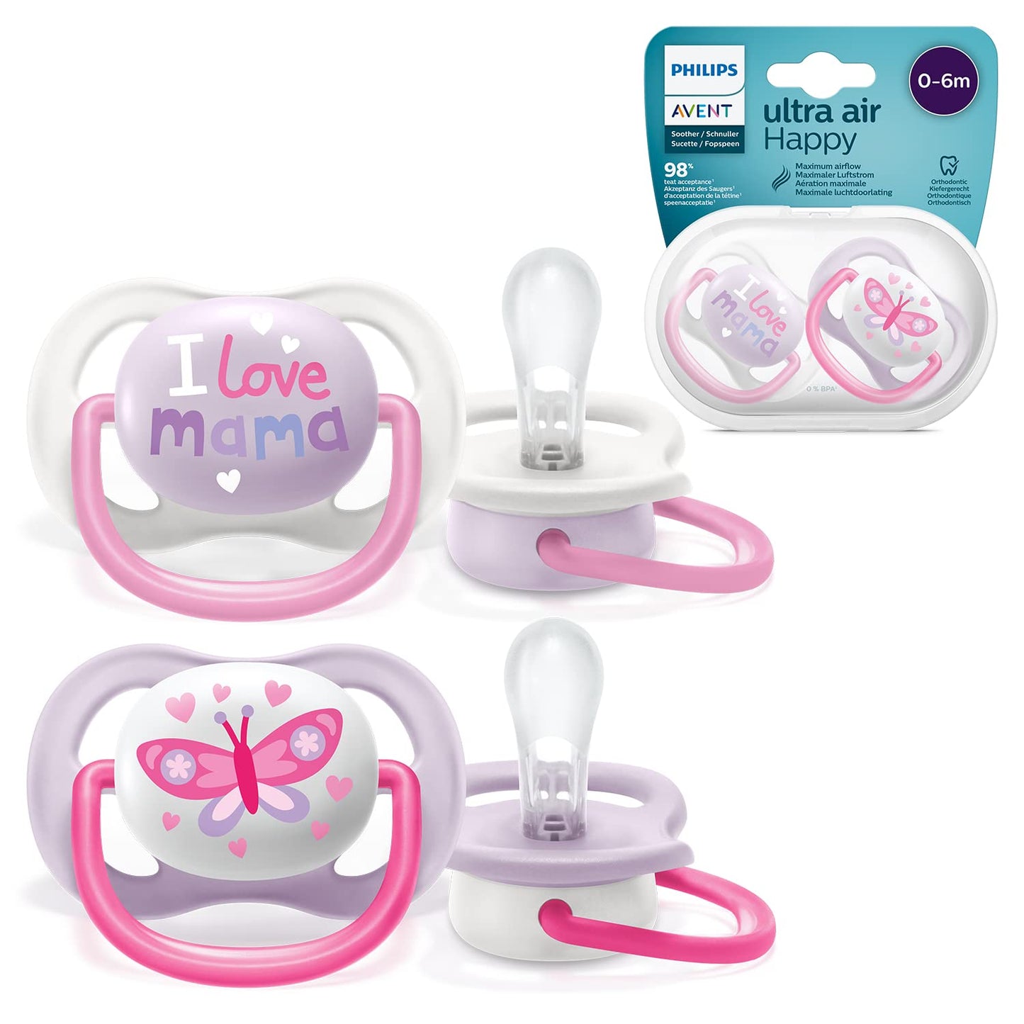 Philips Avent SCF080/02 Ultra Air Schnuller 0-6 Monate, Atmungsaktiv, Kiefergerecht, BPA frei, Doppelpack, Schmetterling/Mama-Design - Meloni2