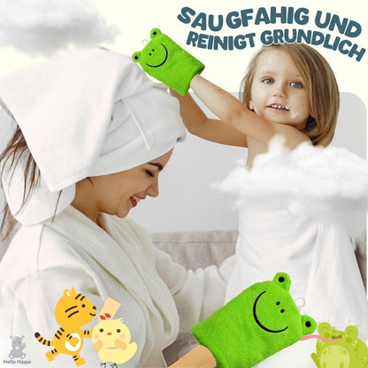 Hello Hippo® 6er-Set Baby Waschlappen – 3 für Eltern & 3 für Kinder – Waschhandschuhe aus Baumwolle – Tiermotive: Frosch, Küken, Tiger – Waschbare Kinderwaschlappen