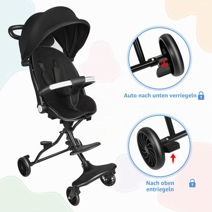 Buggy für Babys, ultraleicht, kompakt, faltbar und neigbar, von Geburt bis 25 kg, mit Trolley-System, Regenschutz inklusive, ausziehbarer Haube, C-schwarz