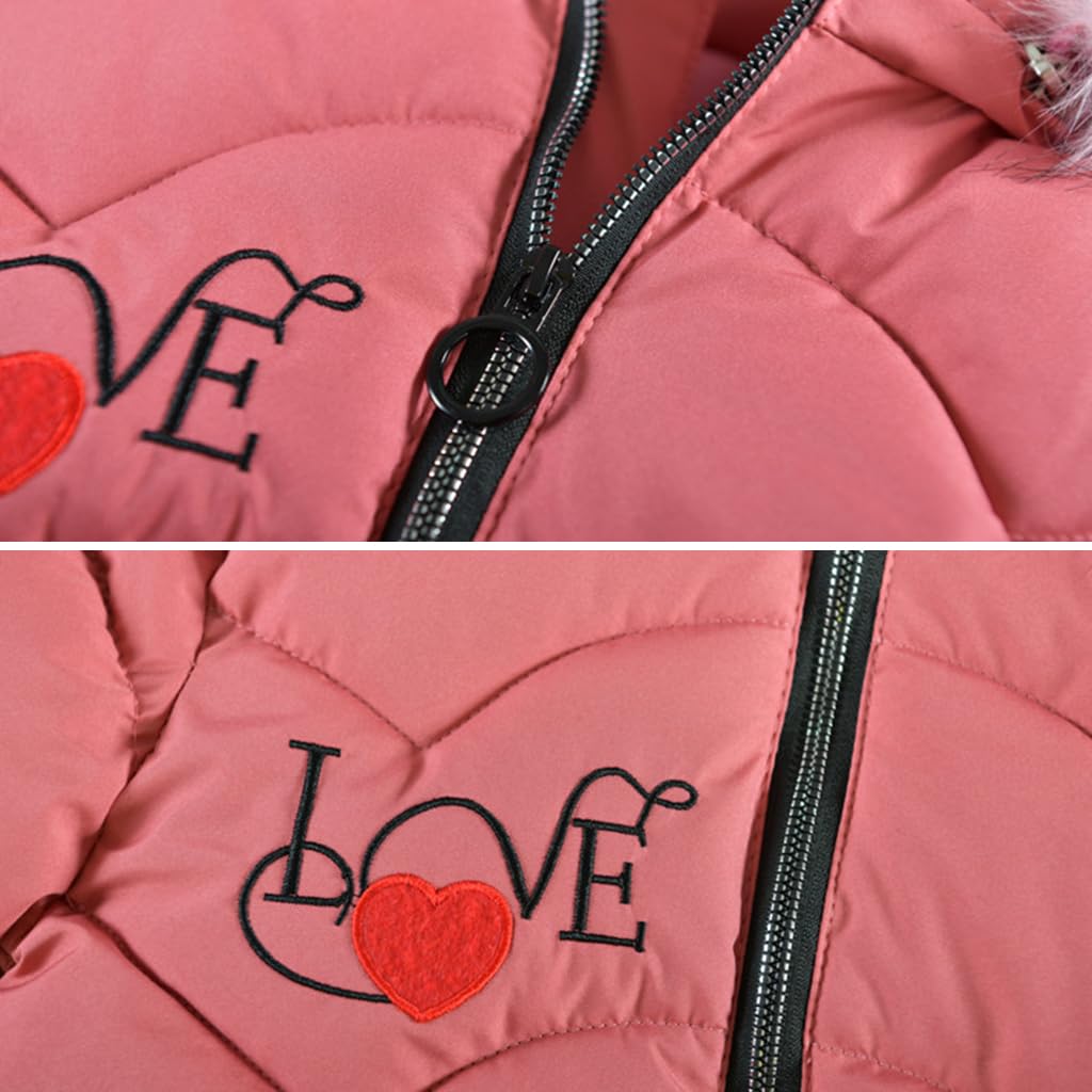 linboo Girls' Winter Jacket Children's Winter Coat Thick Quilted Jacket Long Warm Parka Cotton Jacket Outdoor Coat with Fur Hood and Love Embroidery Print