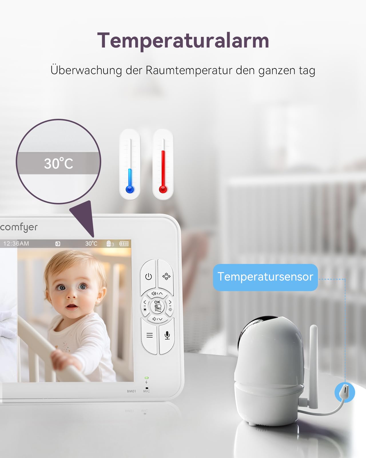 Comfyer BM01 Split-Screen Babyphone mit 2 Kameras, 7" HD 720P ohne WLAN mit Halterung, IR-Nachtsicht VOX-Modus mit Sound-Alarm 2-Wege-Audio 6000mAh 300M Reichweite Videoüberwachungsgerät