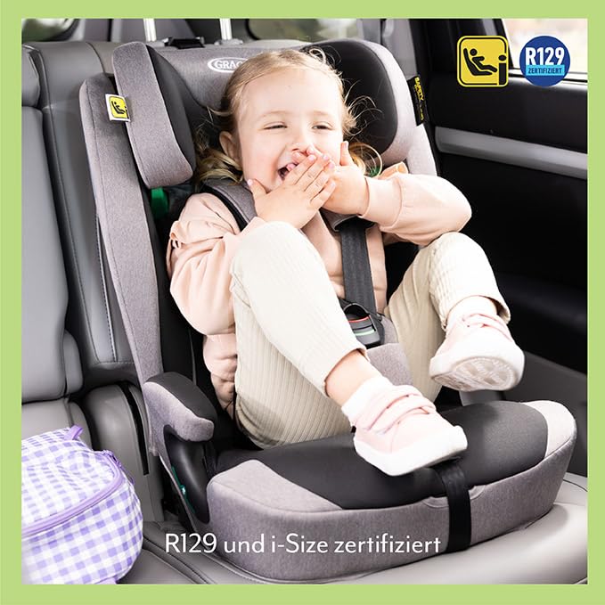 Graco Energi™ i-Size R129 Kindersitz, Autositz vorwärtsgerichtet ab 15 Monaten bis ca. 12 Jahre (76-150 cm), 5-Punkt-Gurtsystem, ISOFIX und Tether, Installation mit Fahrzeuggurt, grau/schwarz, Meteor